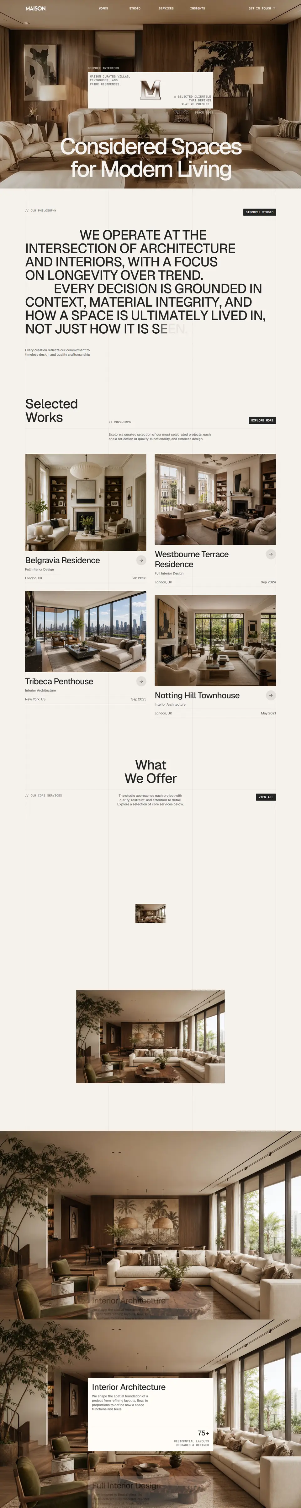 Full-page screenshot of Maison, an interior design studio site with photos of warm, furnished living rooms.