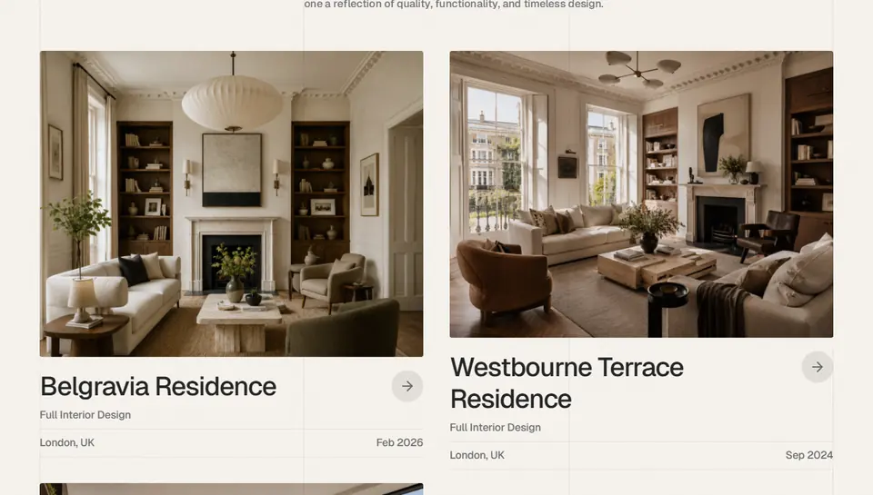 Two project cards on the Maison site, with photos of the Belgravia and Westbourne Terrace living rooms.