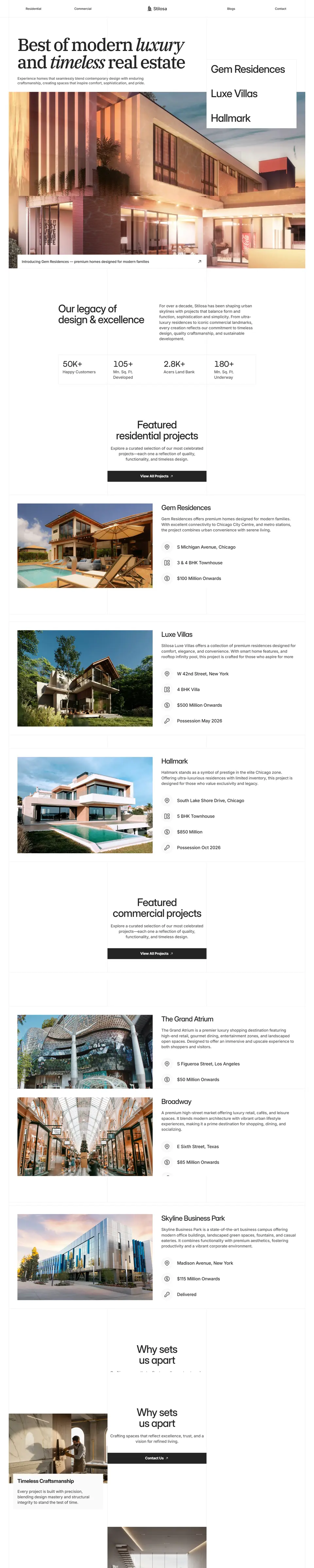 Full-page screenshot of Stilosa, a real estate site showing modern luxury homes and commercial buildings.